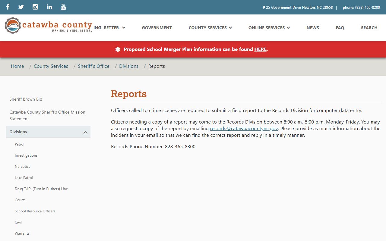 Catawba County arrest records Sheriff report request page