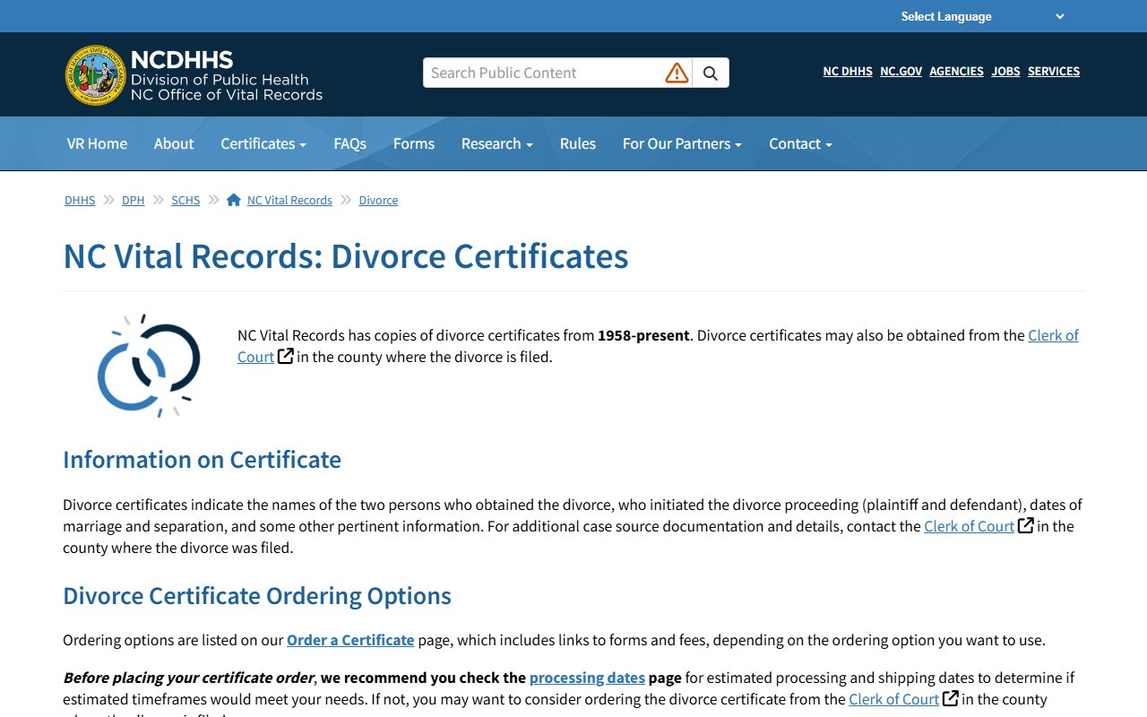 Catawba County divorce records NC Vital Records certificate page