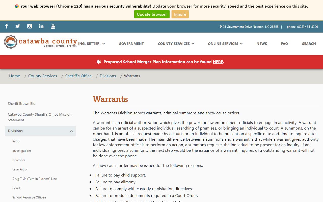 Catawba County warrant records from the Sheriff Warrants Division page